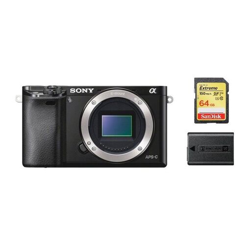 Appareil photo hybride Sony A6000 24,3 MP Noir (corps seulement) + Carte SD 64 Go + Batterie NP-FW50
