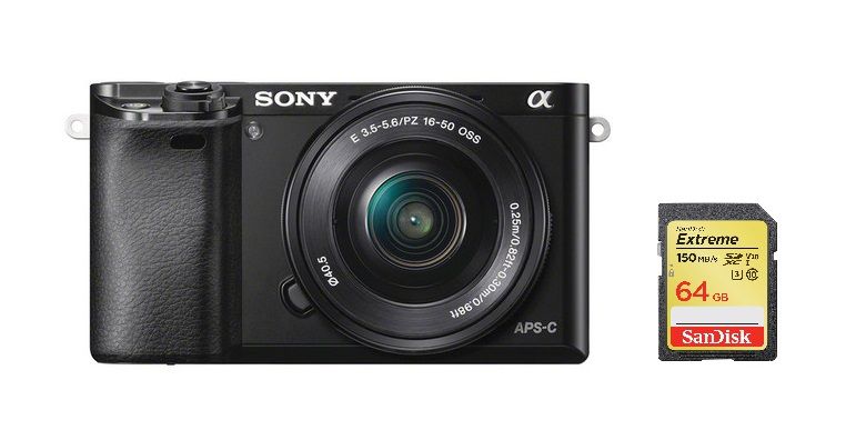 Sony A6000 Hybrid Camera 24.3MP Black + SEL 16-50mm F3.5-5.6 OSS Lens Black + 64GB SD Card
