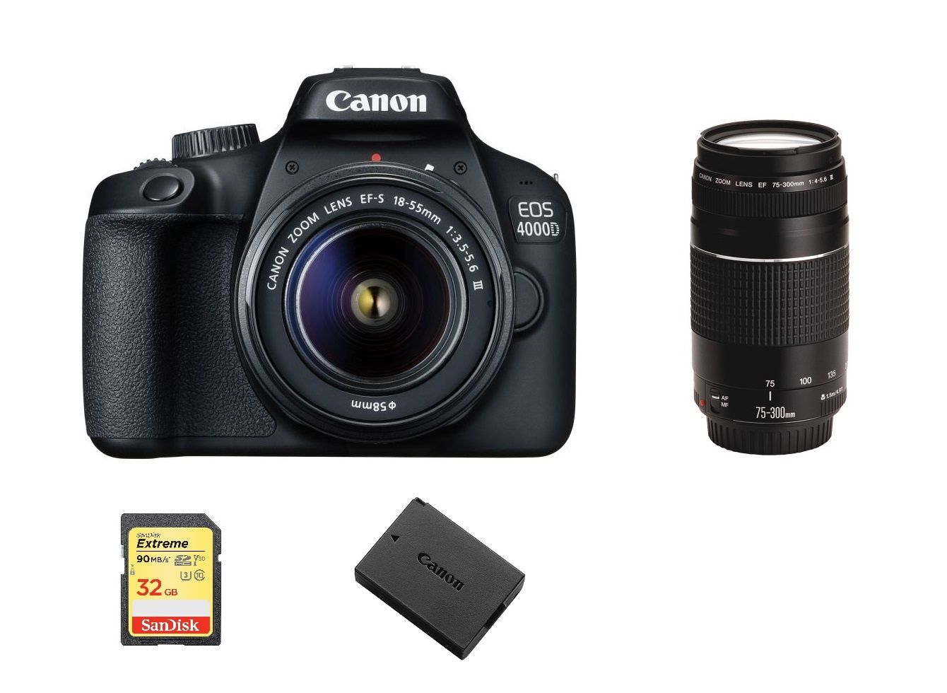 Canon EOS 4000D 18MP DSLR Camera Kit with EF-S 18-55mm f/3.5-5.6 III Lens + EF 75-300mm f/4-5.6 III Lens + 32GB SD Card + LP-E10 Battery