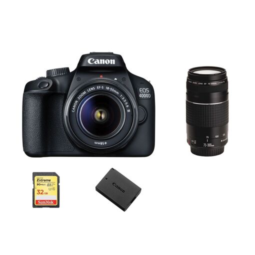 Cámara DSLR Canon EOS 4000D de 18 MP con kit de lente EF-S 18-55 mm f/3.5-5.6 III + lente EF 75-300 mm f/4-5.6 III + tarjeta SD de 32 GB + batería LP-E10