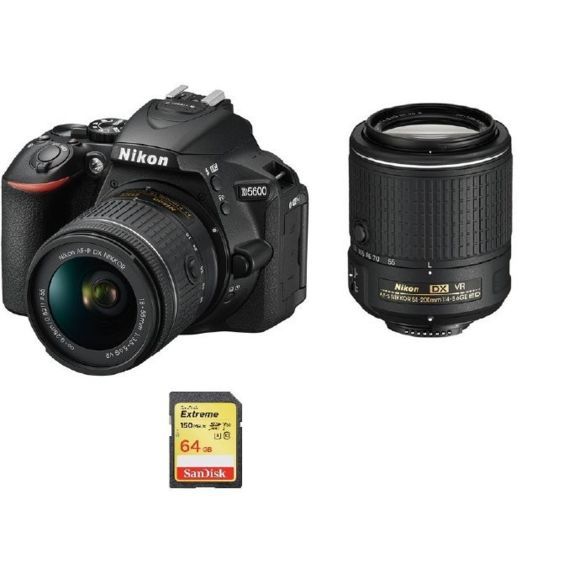 Nikon D5600 24.2MP DSLR Camera Kit with AF-P 18-55mm f/3.5-5.6G VR Lens and AF-S 55-200mm f/4-5.6G ED VR II DX Lens + 64GB SD Card