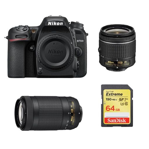 Cámara réflex digital Nikon D7500 de 20,9 MP con kit de lentes AF-P y tarjeta SD de 64 GB