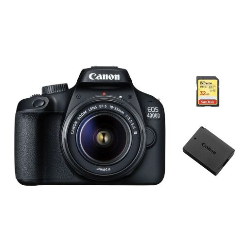 Cámaras DSLR Canon EOS 4000D 18MP + Lente EF-S 18-55mm f/3.5-5.6 III + Tarjeta SD de 32GB + Batería LP-E10