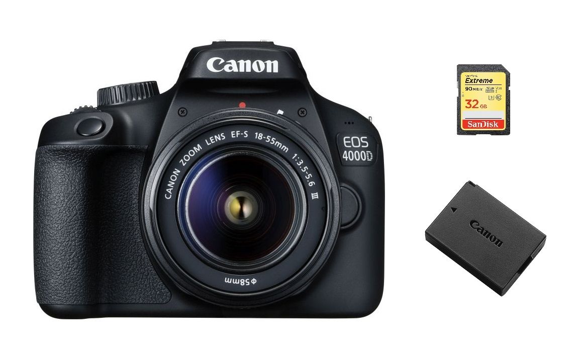 Canon EOS 4000D DSLR Camera 18MP + EF-S 18-55mm f/3.5-5.6 III Lens + 32GB SD Card + LP-E10 Battery