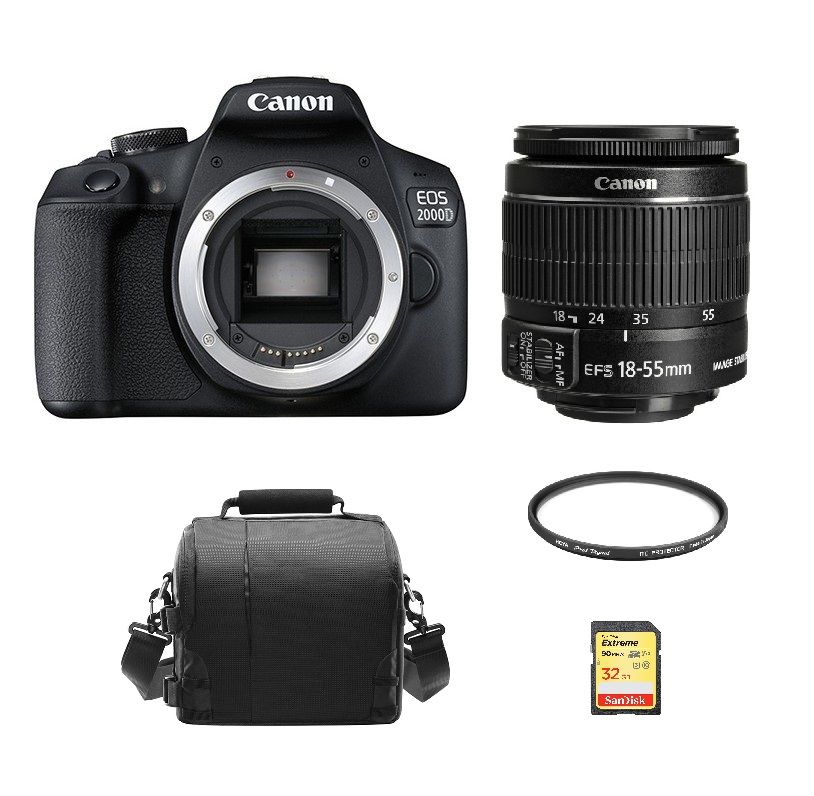 Canon EOS 2000D 24.1MP Black Kit with EF-S 18-55mm F3.5-5.6 IS II Lens + 32GB SD Card + Bag + Hoya 58mm PRO 1D Protector