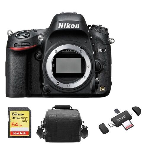 Appareil photo numérique Nikon D610 24,3 MP Boîtier nu + Carte SD 64 Go + Sac + Lecteur de carte