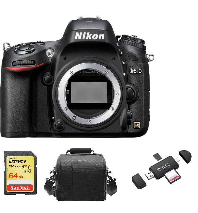 Cámara réflex digital Nikon D610 24.3 MP Cuerpo solo + Tarjeta SD de 64 GB + Bolso + Lector de tarjetas