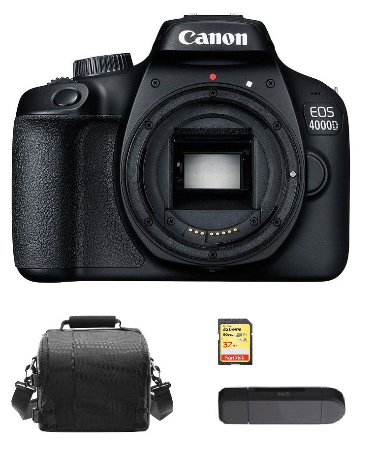 Canon EOS 4000D 18MP Reflex Camera Body, Black + 32GB SD Card + Bag + Memory Card Reader