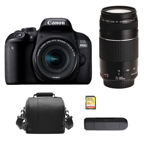 Kit Canon EOS 800D réflex con lente EF-S 18-55 mm IS STM + lente EF 75-300 mm III + tarjeta SD de 32 GB + bolsa + lector de tarjetas