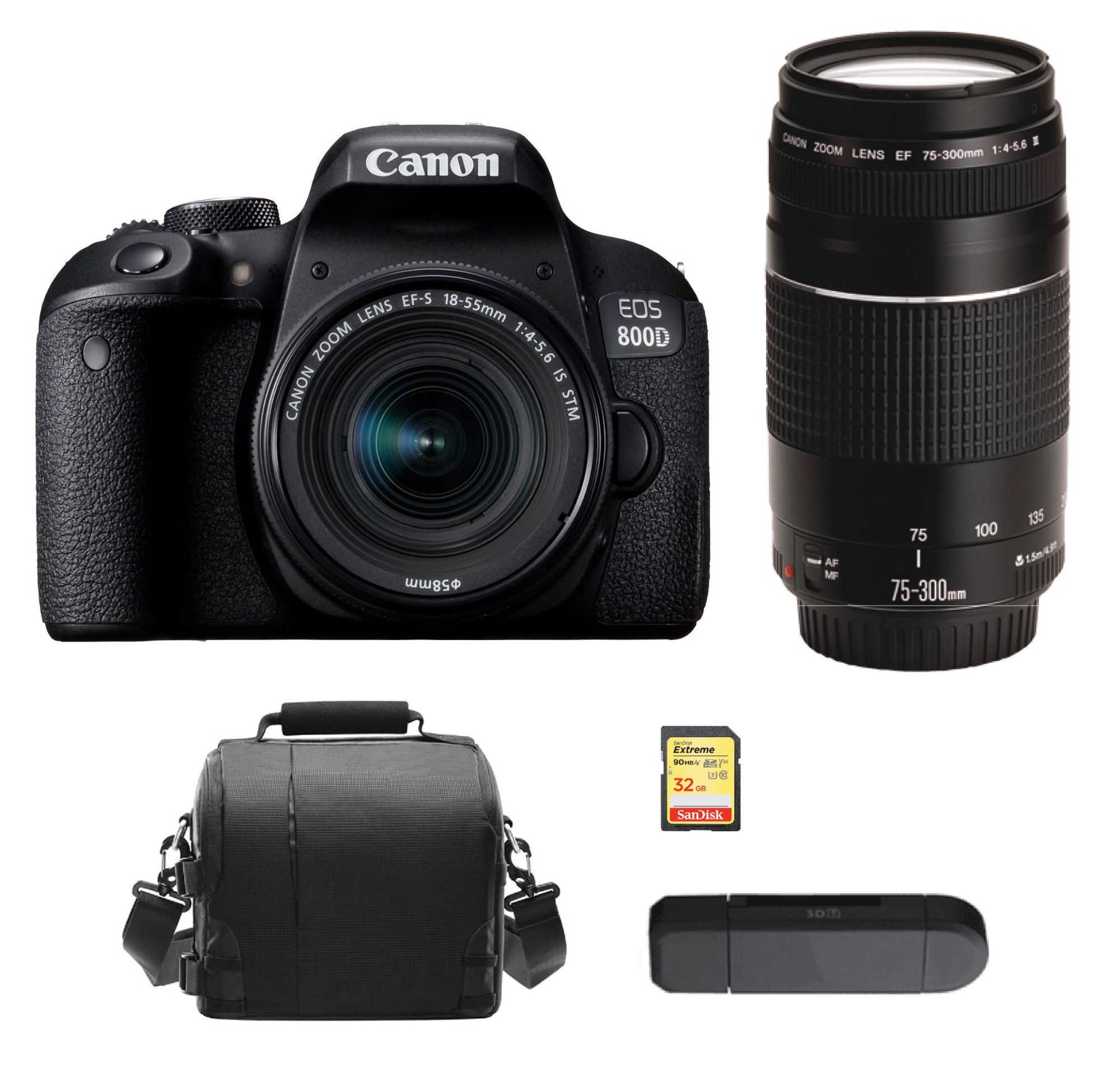 Canon EOS 800D 24.2MP Reflex Kit with EF-S 18-55mm IS STM Lens + EF 75-300mm III Lens + 32GB SD Card + Bag + Card Reader