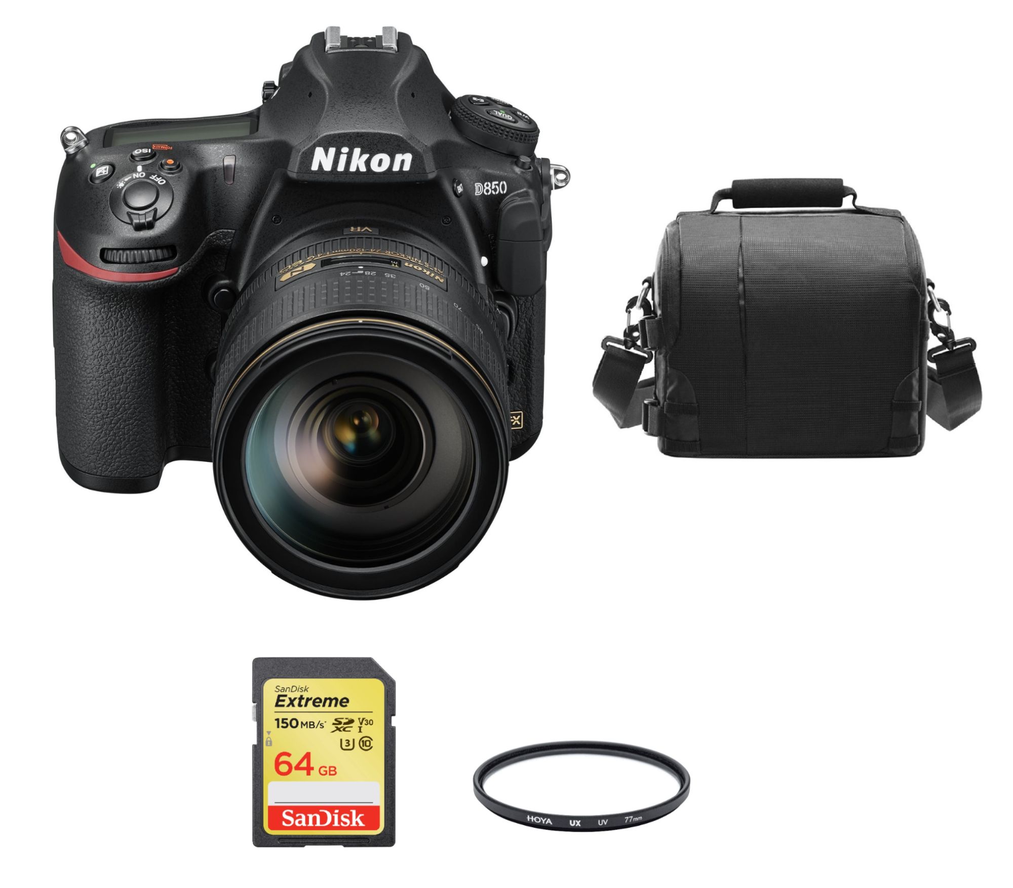 Nikon D850 45.7MP Kit with AF-S 24-120mm F4G ED VR Lens + 64GB SD Card + Bag + Hoya UX UV 77mm Filter