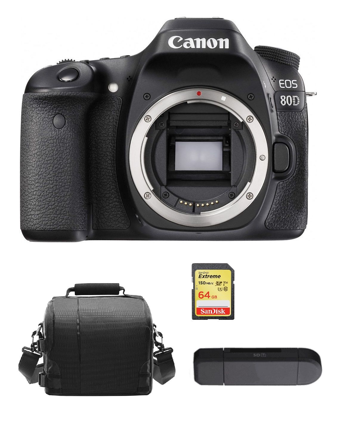 Canon EOS 80D 24.2MP DSLR Camera Body + 64GB SD Card + Camera Bag + Memory Card Reader