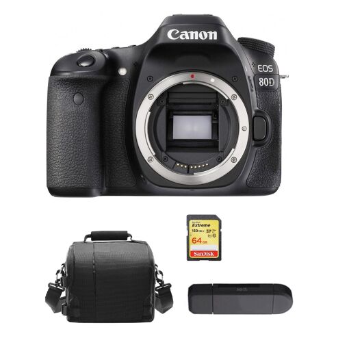 Appareil photo reflex numérique Canon EOS 80D 24,2 mégapixels + Carte SD 64 Go + Sac pour appareil photo + Lecteur de carte mémoire