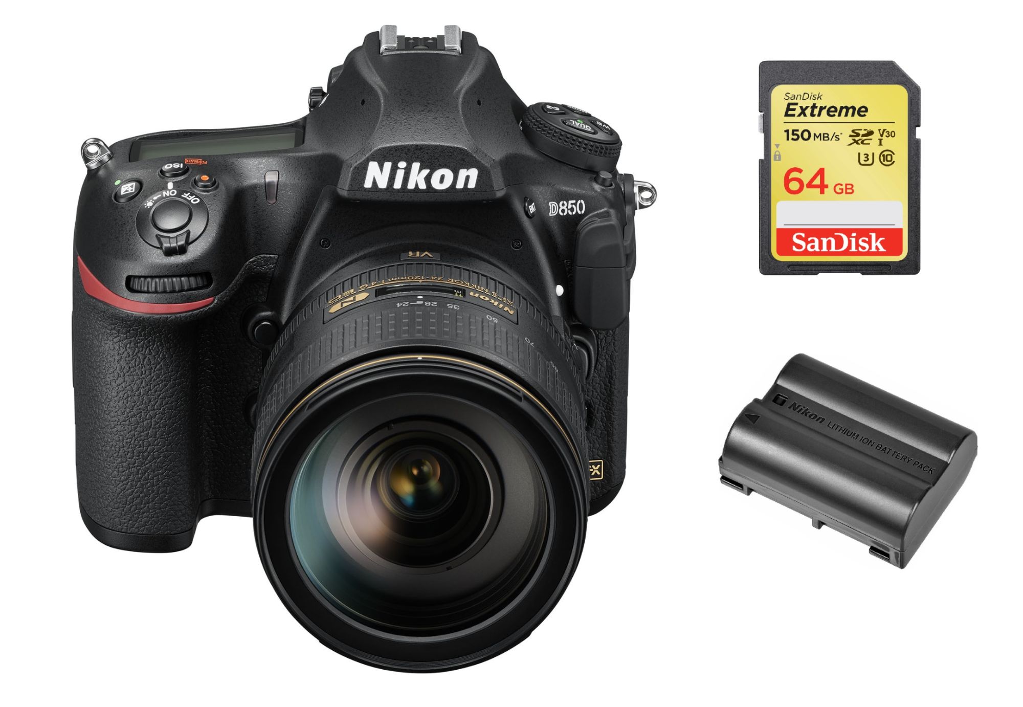 Nikon D850 45.4MP Reflex Camera Kit with AF-S 24-120mm F4G ED VR Lens + 64GB SD Card + EN-EL15A Battery