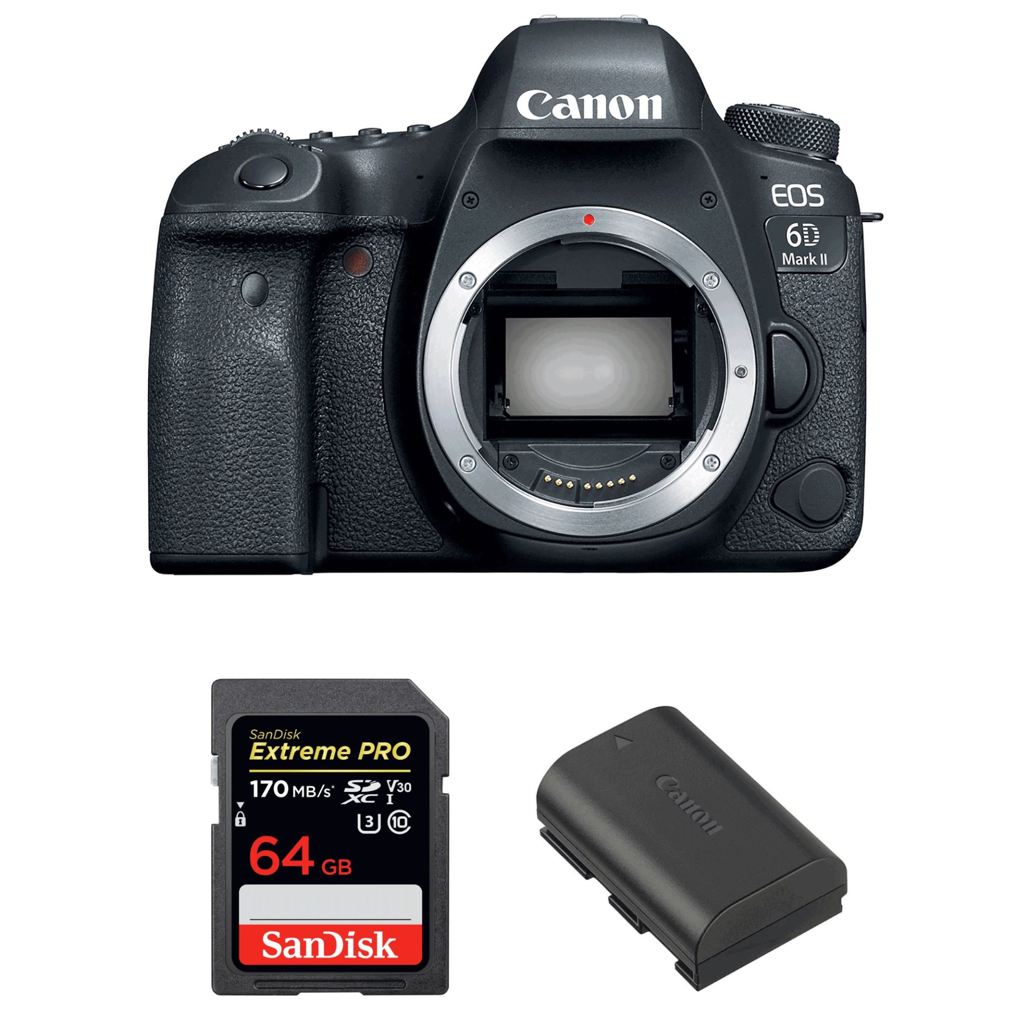 Canon EOS 6D Mark II Body + SanDisk 64GB Extreme PRO UHS-I SDXC 170MB/s + Canon LP-E6N Battery, 2-Year Warranty