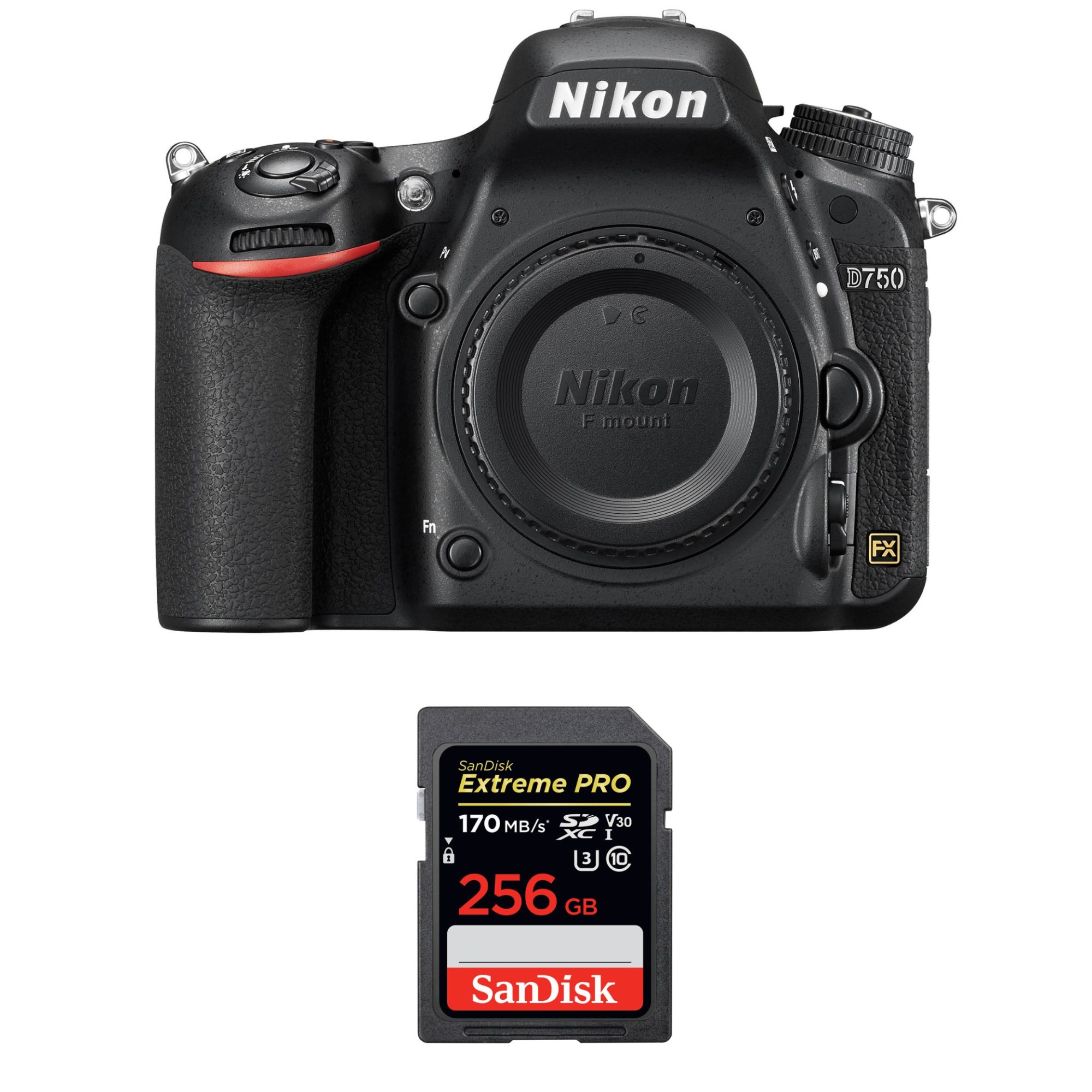 Appareil photo Nikon D750 à capteur plein format + carte mémoire SanDisk 256 Go Extreme PRO UHS-I SDXC 170 Mo/s, garantie 2 ans