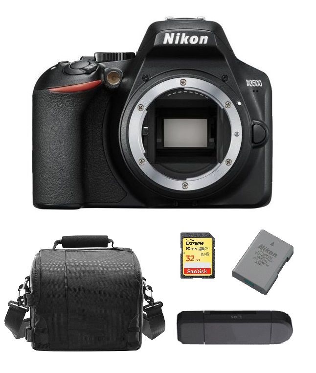 Appareil photo reflex numérique Nikon D3500 24,2 mégapixels Noir + Carte SD de 32 Go + Sac pour appareil photo + Batterie EN-EL14A + Lecteur de carte mémoire