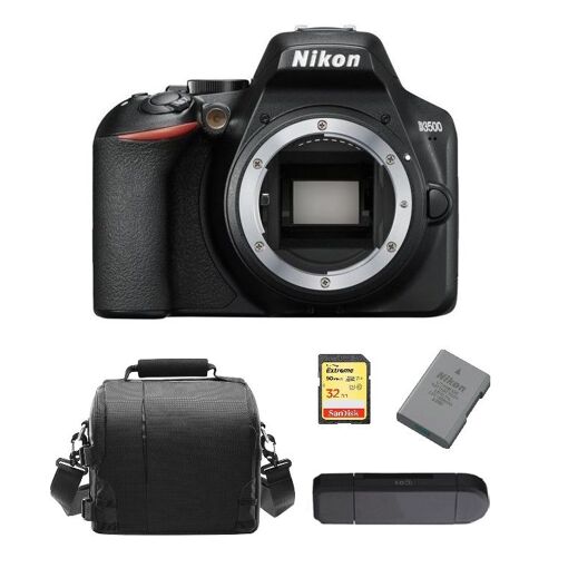 Appareil photo reflex numérique Nikon D3500 24,2 mégapixels Noir + Carte SD de 32 Go + Sac pour appareil photo + Batterie EN-EL14A + Lecteur de carte mémoire