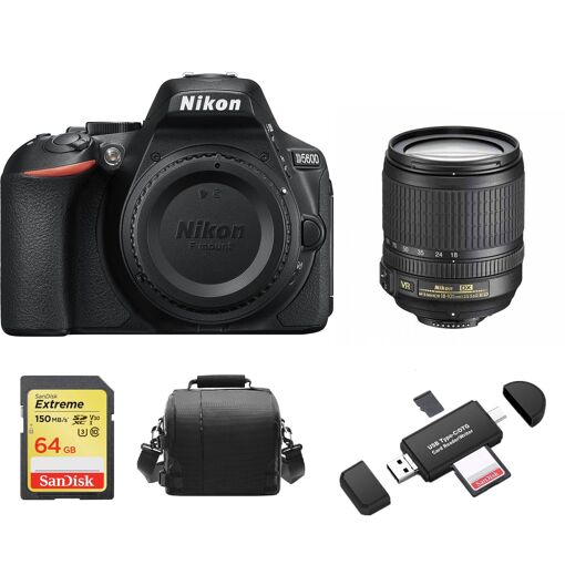 Cámara réflex digital Nikon D5600 de 24,2 MP con objetivo AF-S 18-105 mm f/3,5-5,6 G ED VR + tarjeta SD de 64 GB + estuche + lector de tarjetas de memoria
