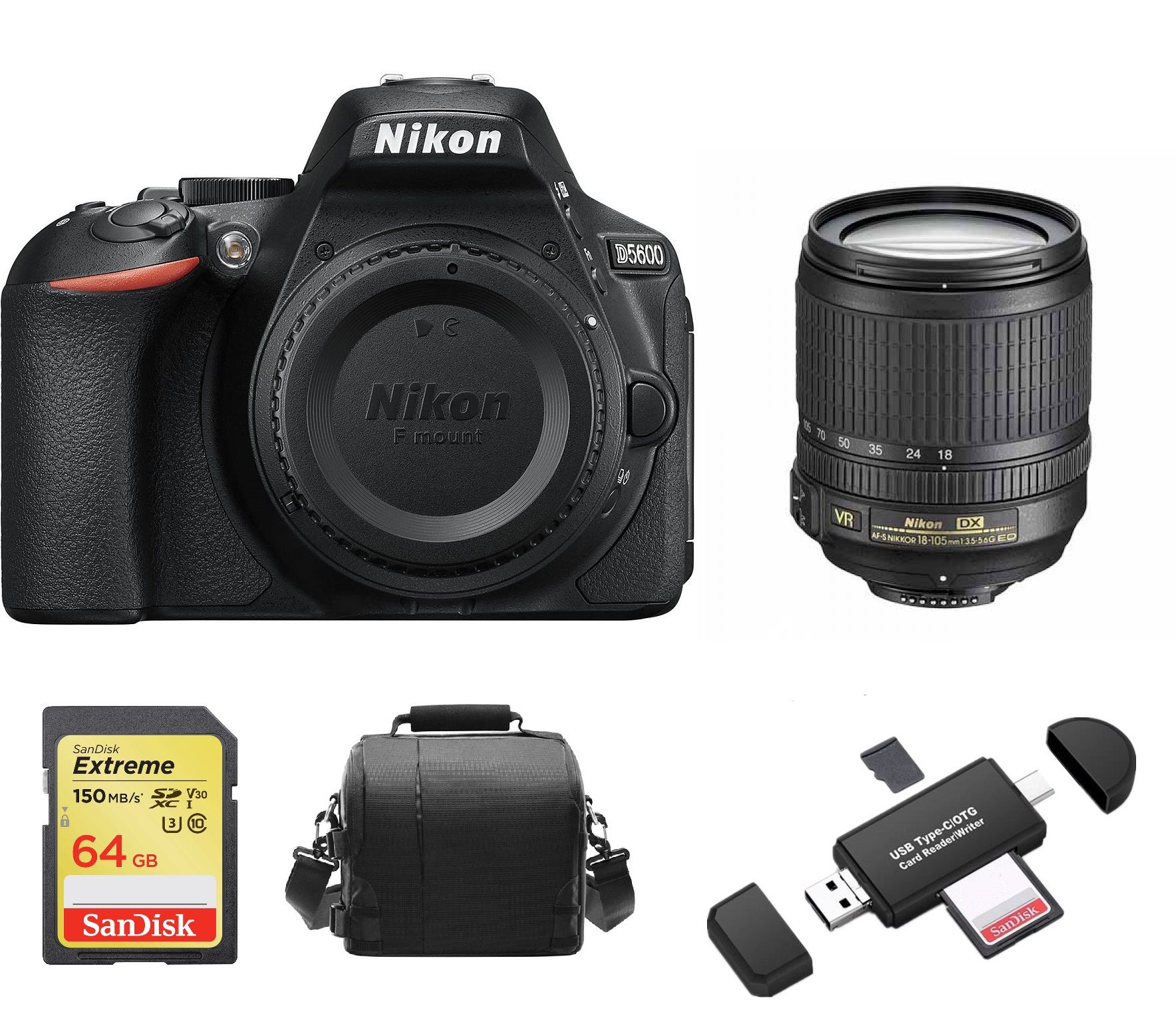 Nikon D5600 24.2MP DSLR Camera with AF-S 18-105mm f/3.5-5.6G ED VR Lens + 64GB SD Card + Case + Memory Card Reader