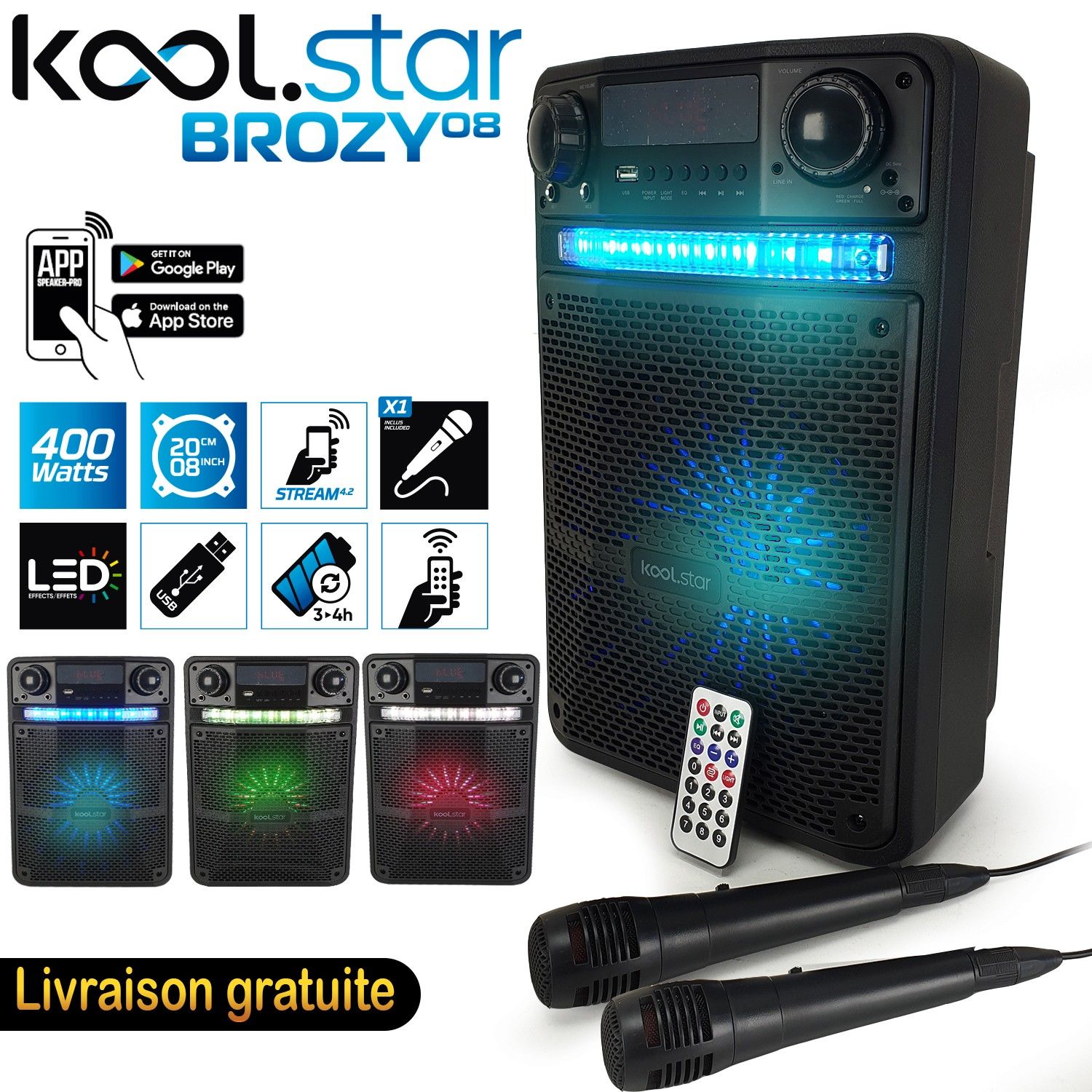 Koolstar BROZY08 400W Karaoke Speaker with LED Lights and App Control