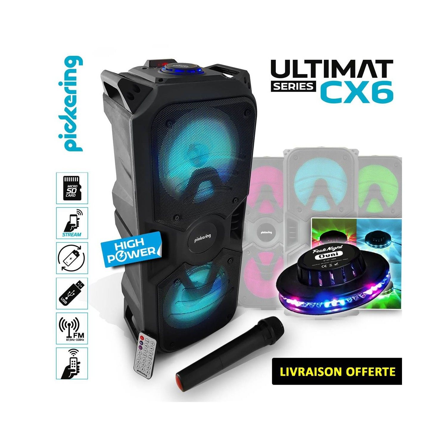 Altavoces Pickering CX6 de alta potencia con efecto de luz UFO