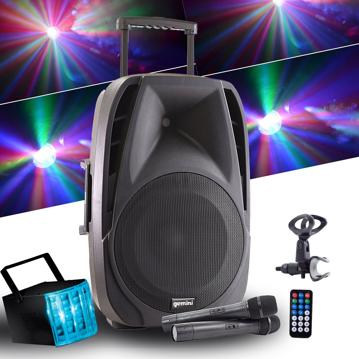 Gemini ES15-TOGO Active Speaker - 800W - USB/SD/BT + 2 Wireless Micros + Phone Jack + LED Light Kit