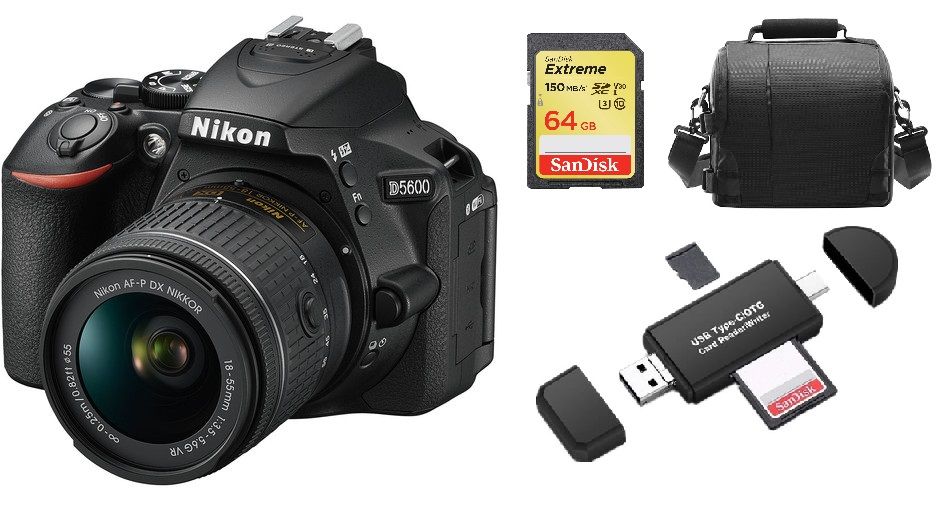 Nikon D5600 24.2MP Reflex Camera Kit with AF-P 18-55mm f/3.5-5.6G VR Lens, 64GB SD Card, Bag and Memory Card Reader