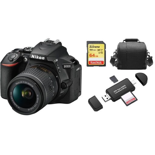 Appareil photo réflex Nikon D5600 24,2 MP avec objectif AF-P 18-55 mm f/3,5-5,6 G VR, carte SD 64 Go, sac et lecteur de cartes mémoire