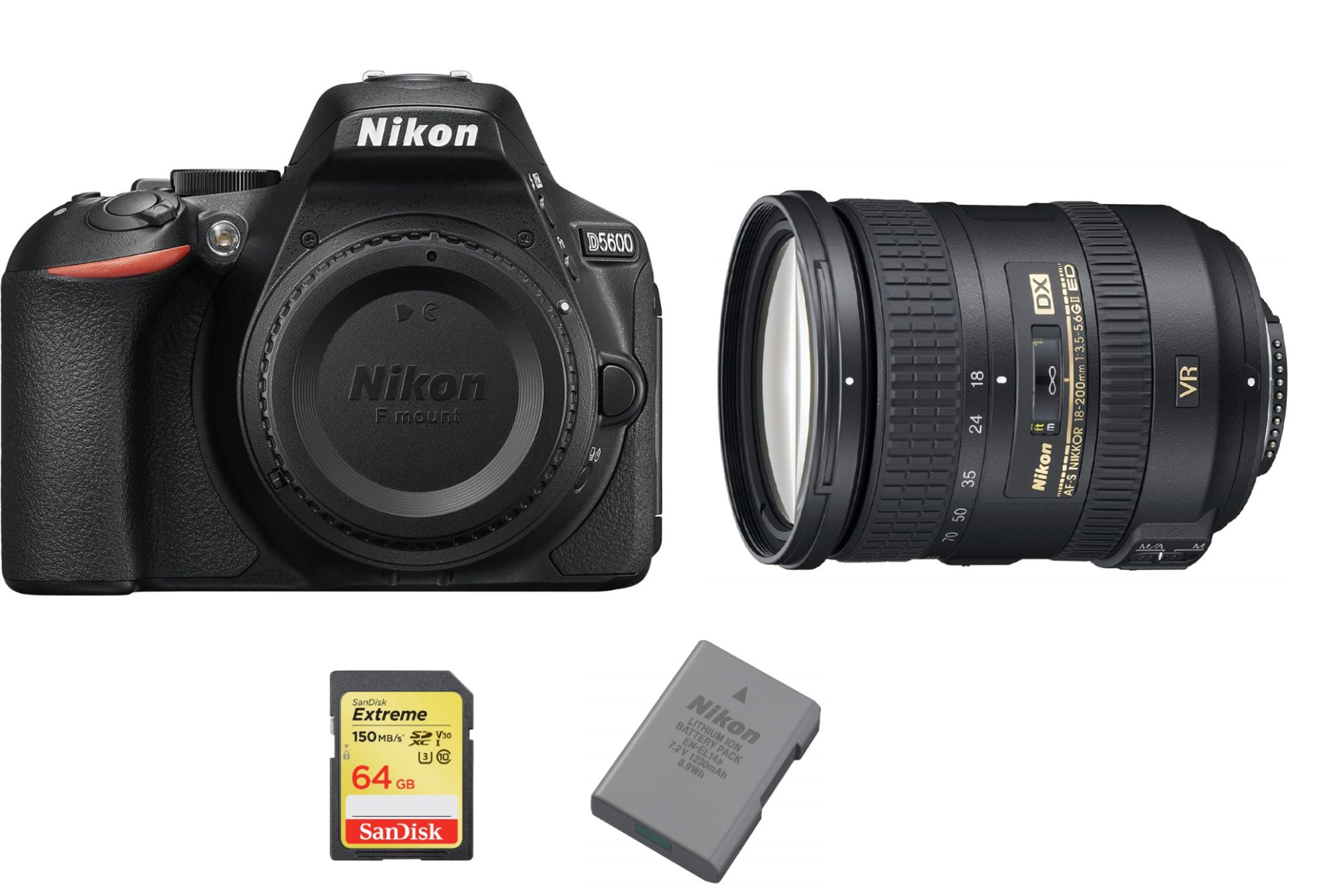 Nikon D5600 24.2MP DSLR Camera with AF-S 18-200mm F3.5-5.6G ED VR II DX Lens + 64GB SD Card + EN-EL14A Battery