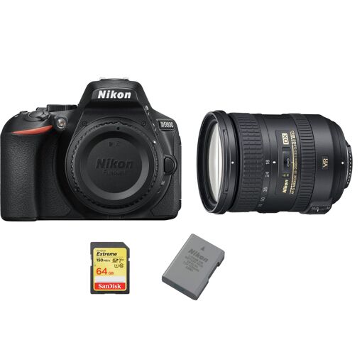 Appareil photo Nikon D5600 24,2 mégapixels avec objectif AF-S 18-200 mm F3,5-5,6G ED VR II DX + carte SD 64 Go + batterie EN-EL14A