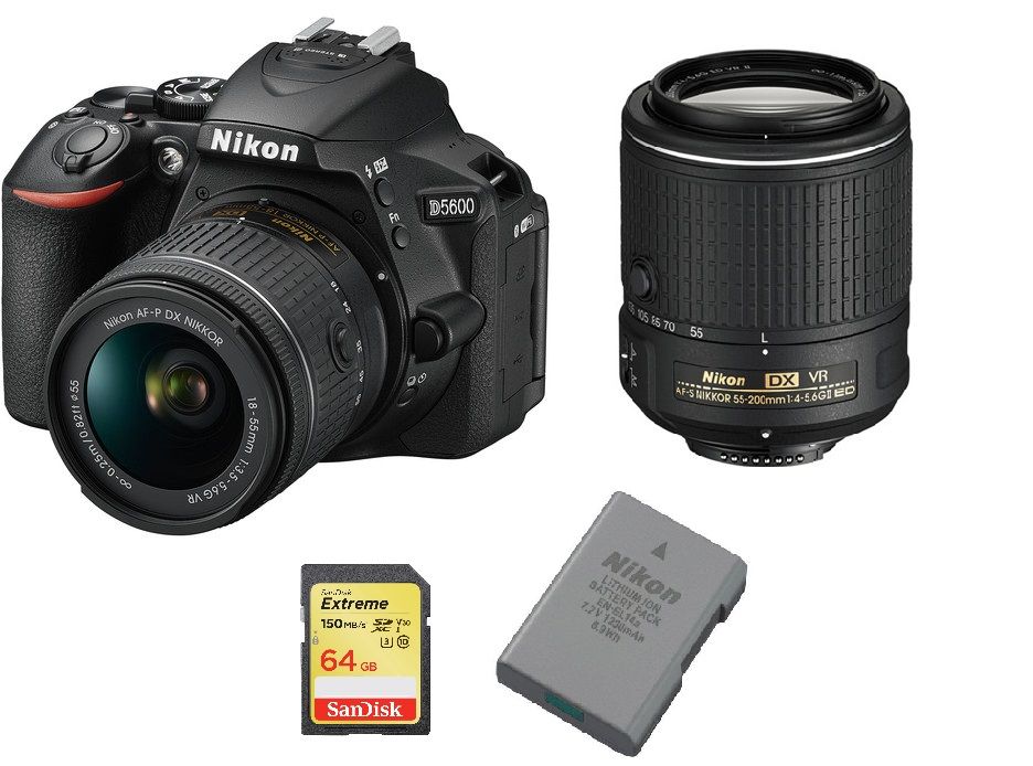 Nikon D5600 24.2MP Reflex Camera Kit with AF-P 18-55mm VR, AF-S 55-200mm ED VR II DX, 64GB SD Card, and EN-EL14A Battery