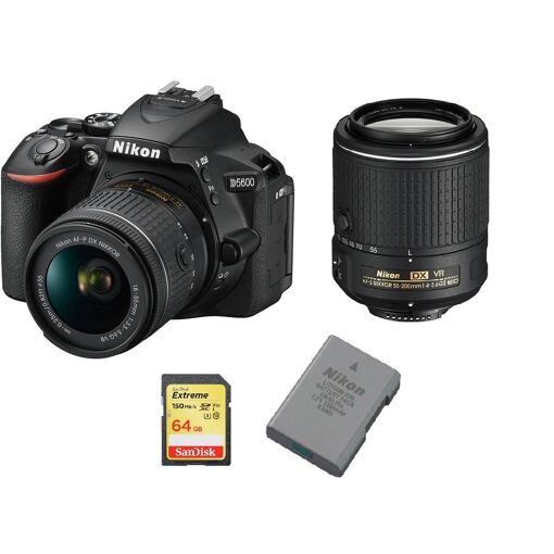 Nikon D5600 24.2MP Reflex Camera Kit with AF-P 18-55mm VR, AF-S 55-200mm ED VR II DX, 64GB SD Card, and EN-EL14A Battery