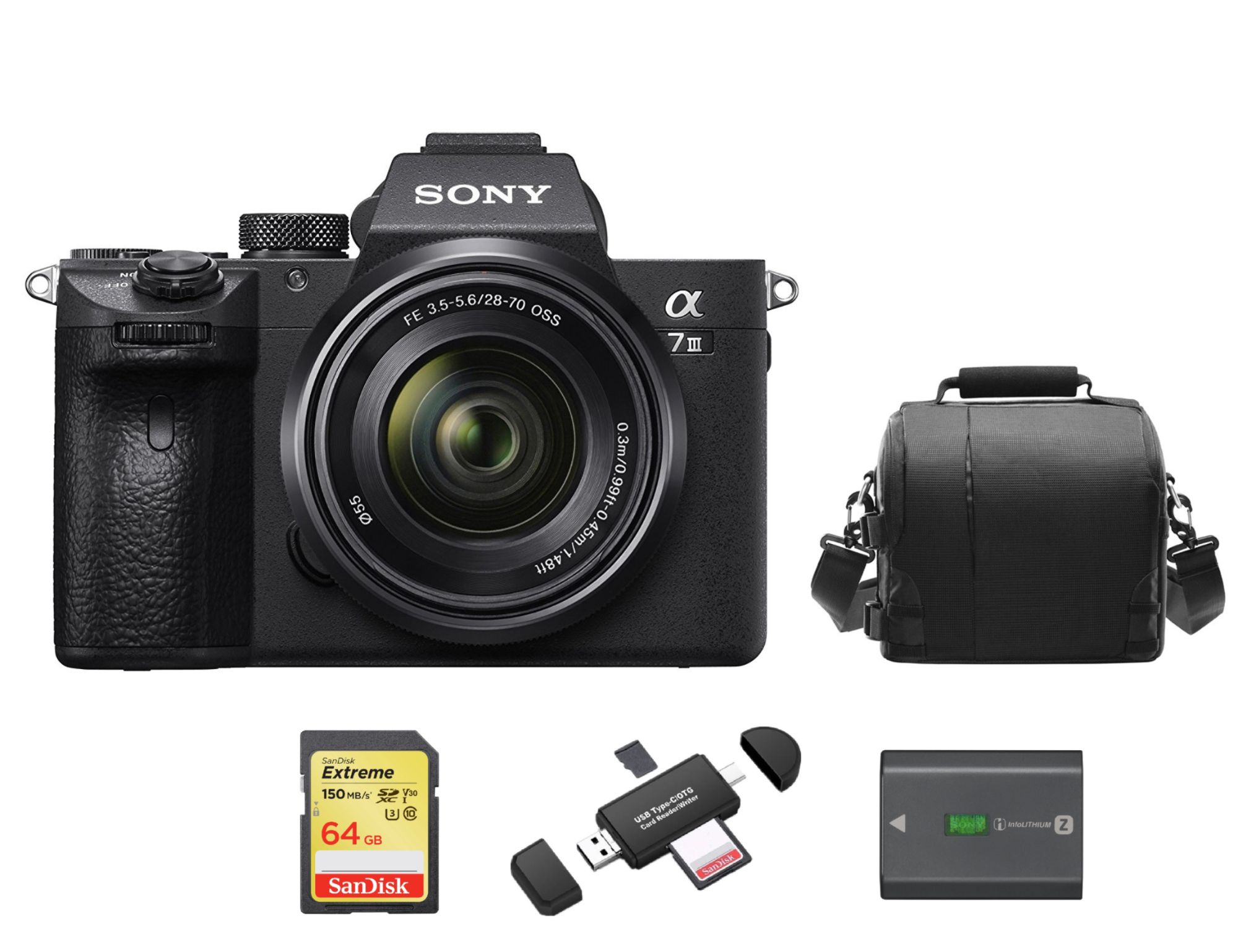 Sony A7 III Hybrid Camera 24.2MP with SEL 28-70mm F3.5-5.6 OSS Lens + 64GB SD Card + Case + NP-FZ100 Battery + Memory Card Reader