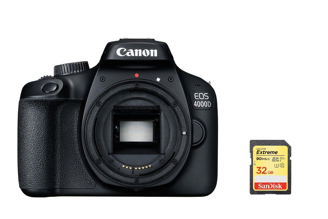 Canon EOS 4000D 18MP Reflex Camera Body Only, Black + 32GB SD Card