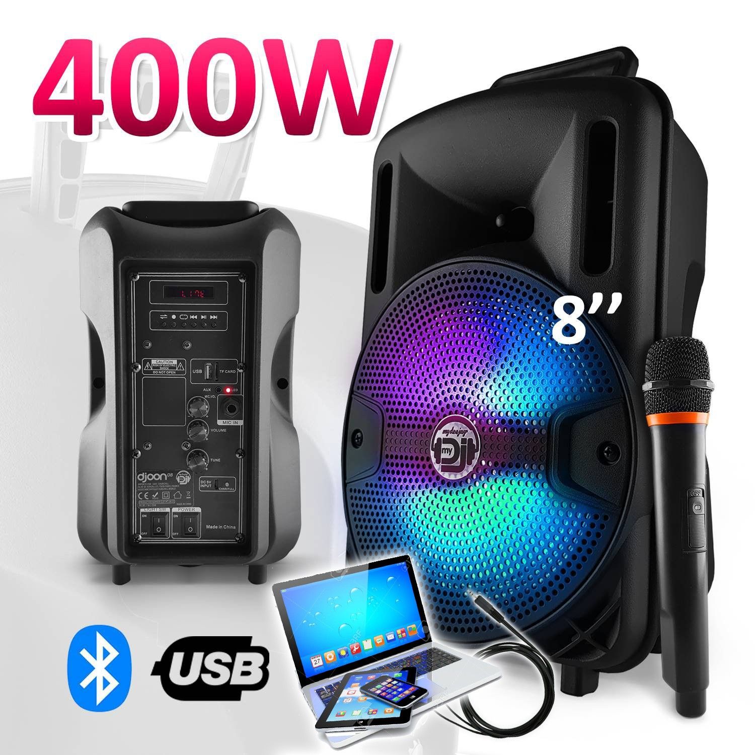 MyDJ DJOON08 400W LED Battery-Powered Sound System with Bluetooth and Microphone