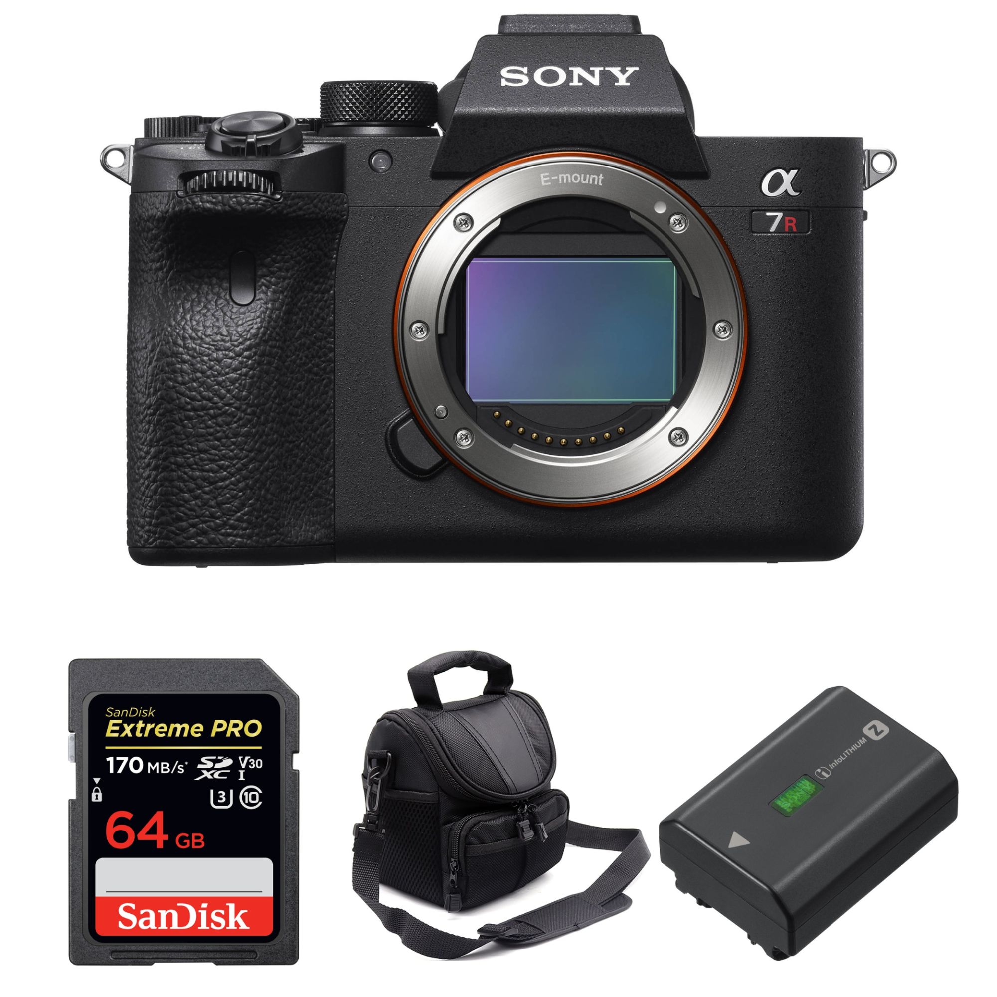 Sony ALPHA 7R IV Body + SanDisk 64GB Extreme PRO UHS-I SDXC 170MB/s + Sony NP-FZ100 Battery + 2-Year Warranty Bag