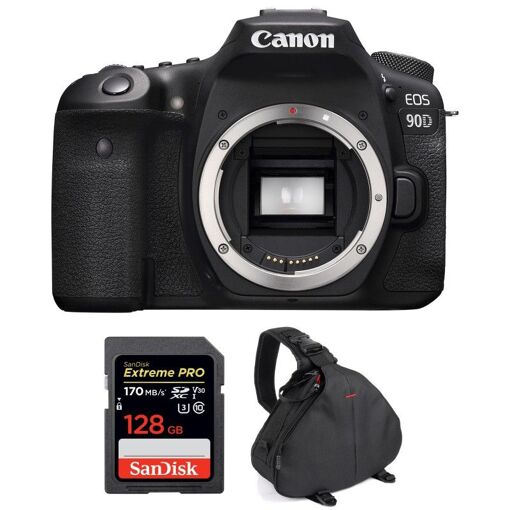 Canon EOS 90D Nu + Carte SanDisk 128 Go Extreme PRO UHS-I SDXC 170 Mo/s + Sac de Garantie 2 ans