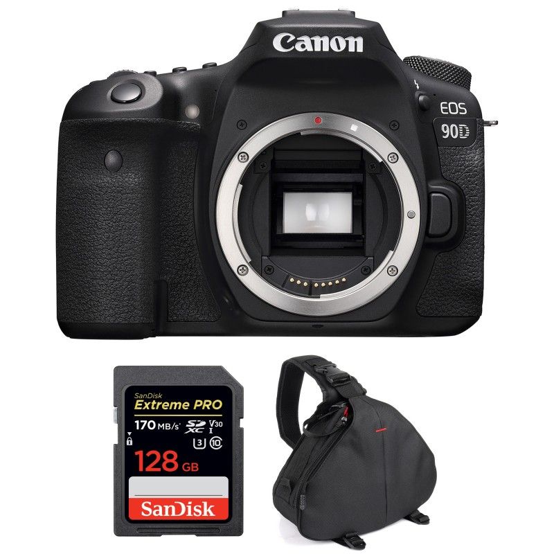 Canon EOS 90D Body + SanDisk 128GB Extreme PRO UHS-I SDXC Card + 2-Year Warranty Bag