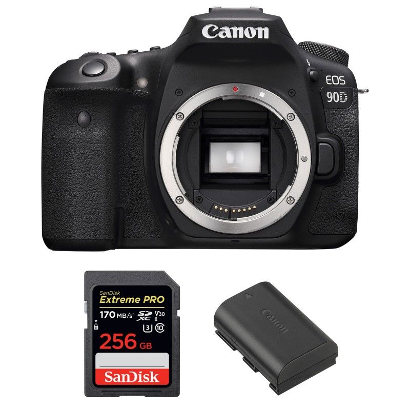 Canon EOS 90D Body + SanDisk 256GB Extreme PRO UHS-I SDXC 170MB/s + Canon LP-E6N Battery, 2-Year Warranty