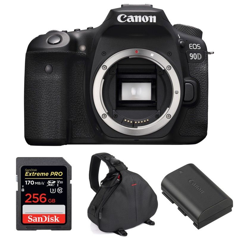 Canon EOS 90D Body + SanDisk 256GB Extreme PRO UHS-I SDXC Card 170MB/s + Canon LP-E6N Battery + 2 Year Warranty Bag
