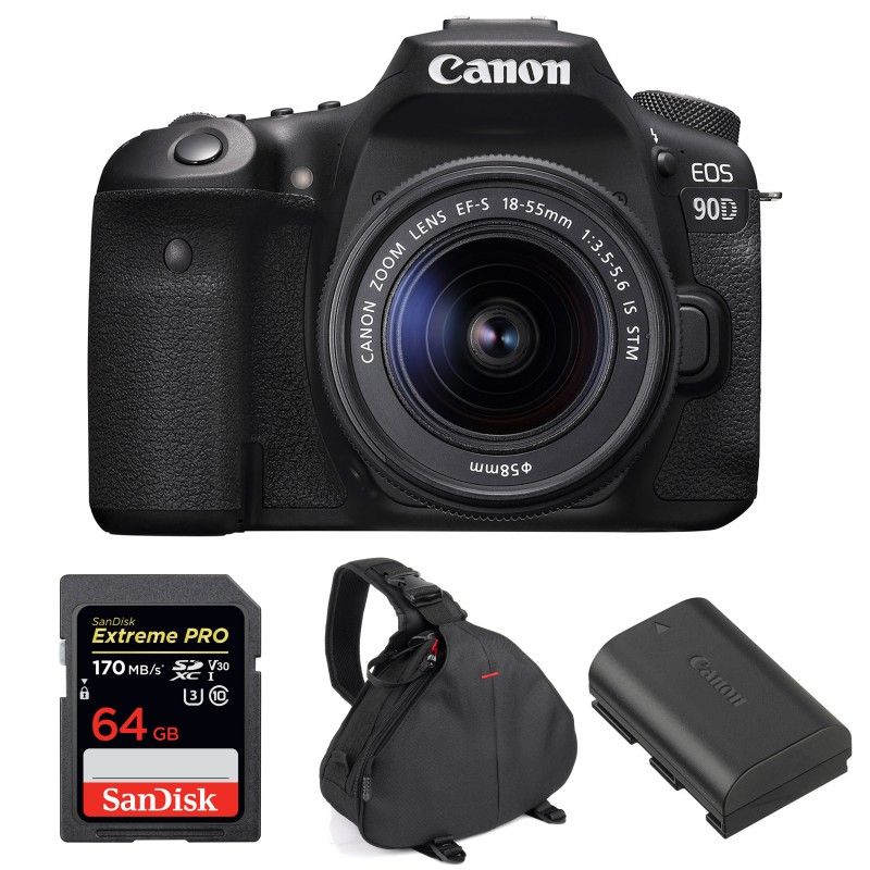 Canon EOS 90D + 18-55mm IS STM Lens + SanDisk 64GB Extreme PRO SD Card + Canon LP-E6N Battery + 2-Year Warranty Bag