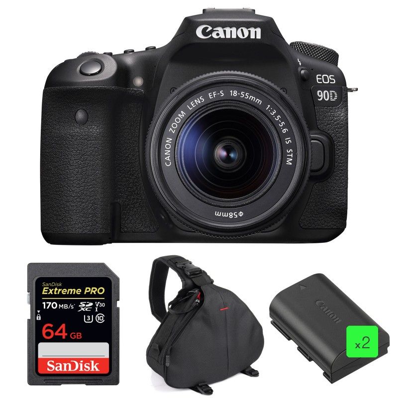 Canon EOS 90D DSLR Camera Kit with 18-55mm IS STM Lens, SanDisk 64GB Extreme PRO UHS-I SDXC Card, 2 Canon LP-E6N Batteries + 2-Year Warranty Bag