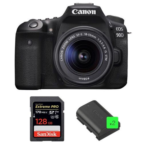 Appareil photo Canon EOS 90D + objectif 18-55mm IS STM + carte SanDisk 128Go Extreme PRO UHS-I SDXC 170Mo/s (2x batterie LP-E6N, garantie 2 ans)