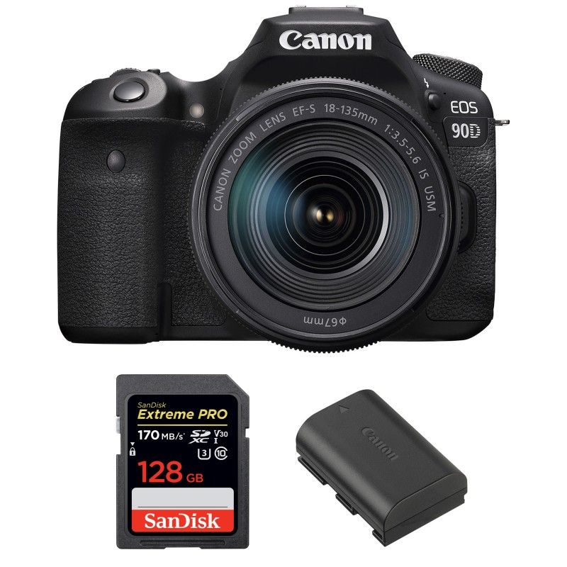 Canon EOS 90D + 18-135mm f/3.5-5.6 IS USM + SanDisk 128GB Extreme PRO UHS-I SDXC 170MB/s + Canon LP-E6N 2-Year Warranty