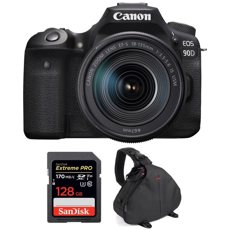 Canon EOS 90D + 18-135mm f/3.5-5.6 IS USM + SanDisk 128GB Extreme PRO UHS-I SDXC 170MB/s + 2 Year Warranty Bag