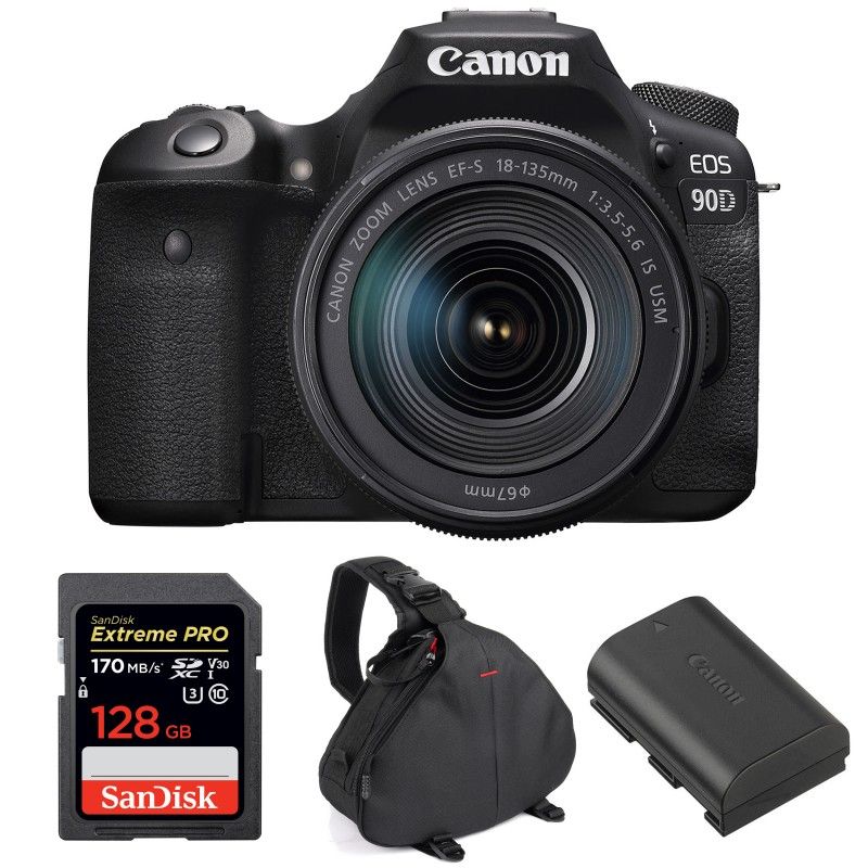 Canon EOS 90D + 18-135mm IS USM + SanDisk 128GB Extreme PRO UHS-I SDXC 170MB/s + Canon LP-E6N + 2-Year Warranty Bag