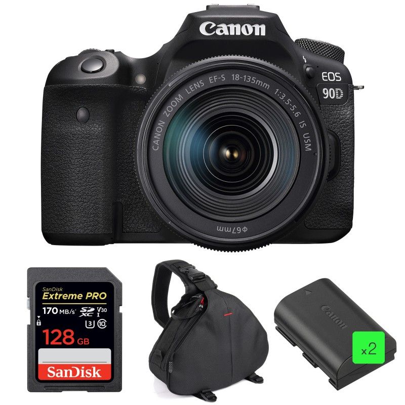 Canon EOS 90D + 18-135mm IS USM + SanDisk 128GB Extreme PRO UHS-I SDXC 170MB/s + 2 Canon LP-E6N + Sac Garantie 2 ans