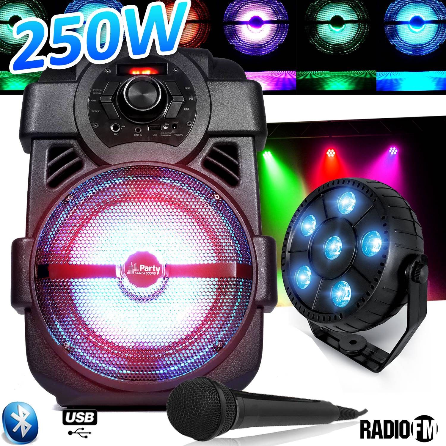 Party Light & Sound Kids Karaoke Speaker 250W Portable Battery Micro Handy180 with USB/Bluetooth/FM Radio + Light Ball