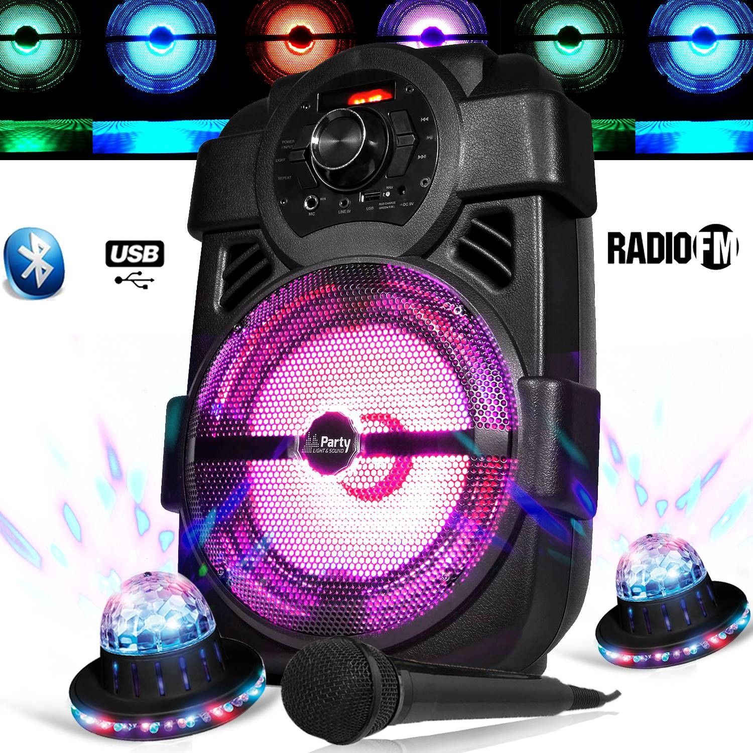 Party Light & Sound Kids Karaoke Speaker 250W Portable Battery Micro Handy180 with USB/Bluetooth/FM Radio + 2 Lighting Effects